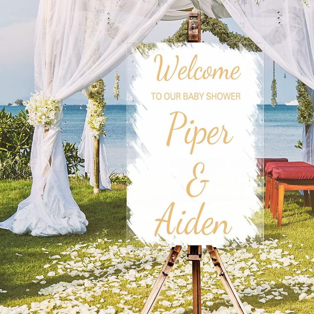 Personalized Name Wedding Welcome Sign Welcome To Our Baby Shower Romance Acrylic Wedding Reception Sign White Brush Painted Elegant Gold Font Couples Wedding Reception Decor Sign 16x24in