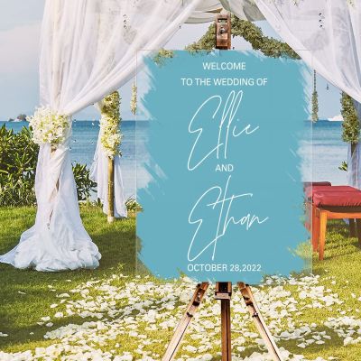 Classic Welcome Wedding Signs Welcome To The Wedding Acrylic Welcome Wedding Poster Entrance Decor Sign Watercolor Blue Back Paint Custom Couple Name Wedding Reception Sign 18x24in