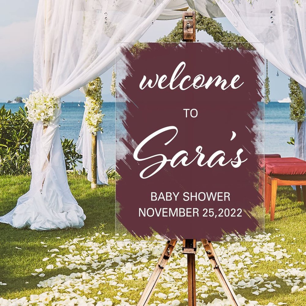 Welcome To Baby Shower Acrylic Welcome Wedding Sign Brush Painted Burgundy Coral Red Custom Name Wedding Reception Sign Elegant Wedding Reception Poster Welcome Sign 18x24in