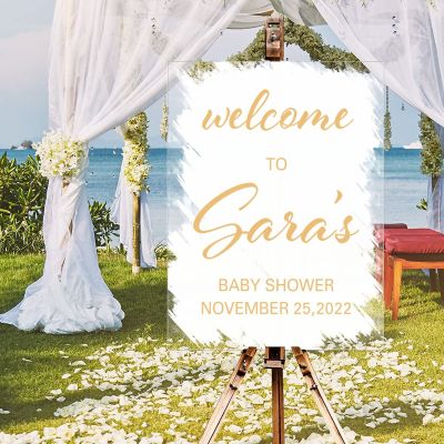 Welcome To Baby Shower Acrylic Wedding Welcome Sign White Brush Painted Elegant Gold Font Custom Name Wedding Welcome Sign Romantic Wedding Reception Poster Welcome Sign 18x24in