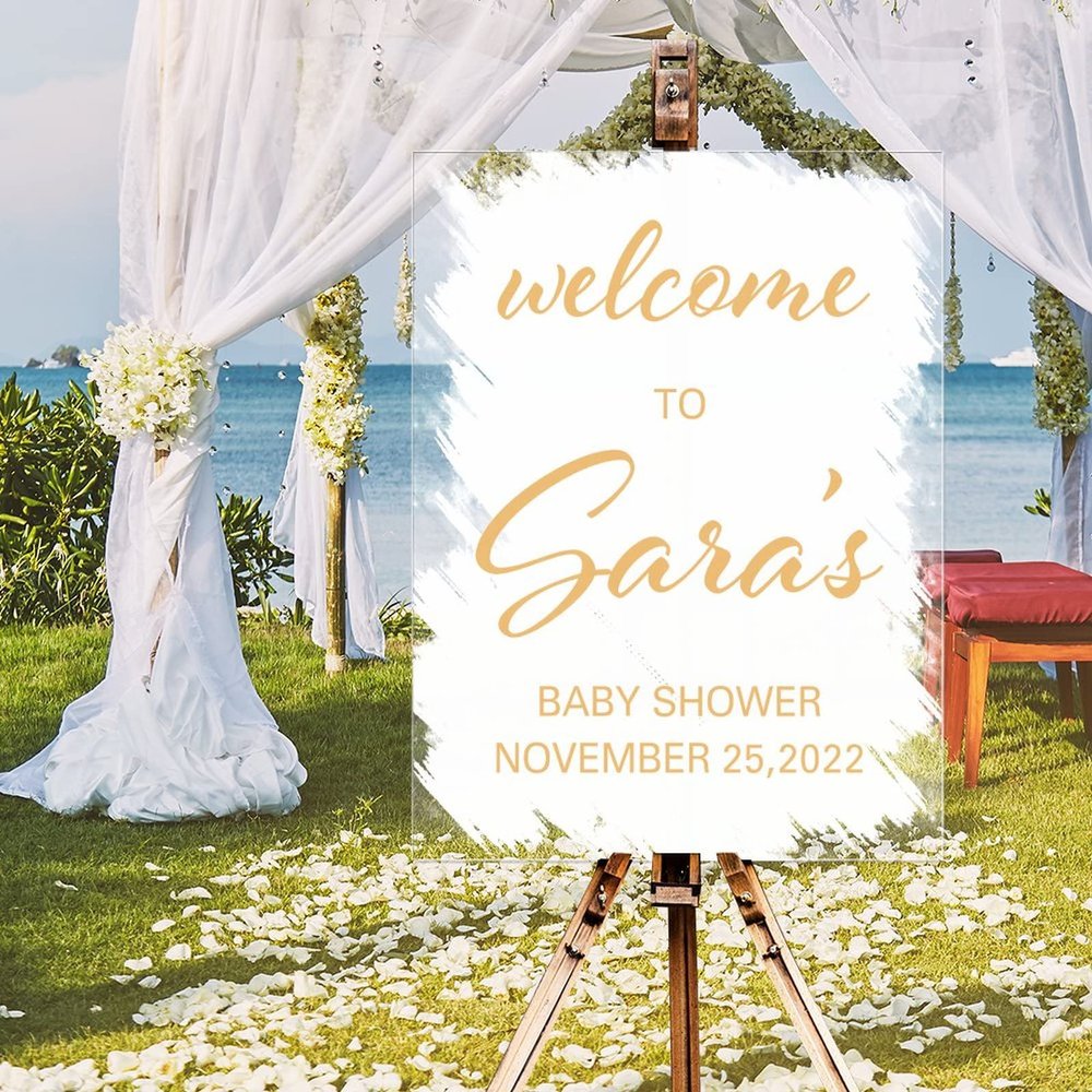Welcome To Baby Shower Acrylic Wedding Welcome Sign White Brush Painted Elegant Gold Font Custom Name Wedding Welcome Sign Romantic Wedding Reception Poster Welcome Sign 18x24in