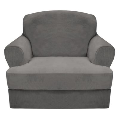CUCRAF T Cushion Sofa Cover 2 Piece Armchair Slipcovers, Soft Thick Velvet Couch Cover for Living Room, Washable High Stretch Furniture Protector with 1 Cushion Chair Slipcover (Chair, Grey)