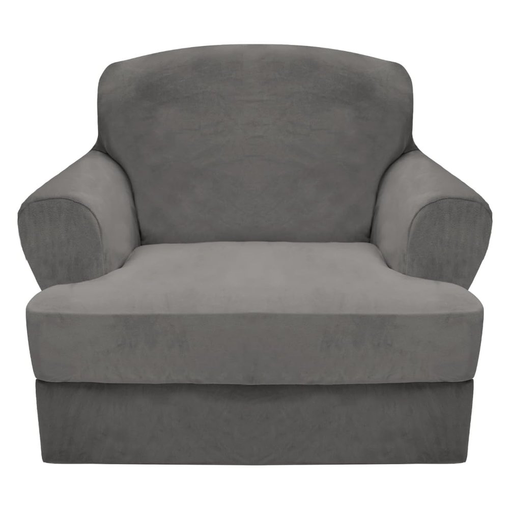 CUCRAF T Cushion Sofa Cover 2 Piece Armchair Slipcovers, Soft Thick Velvet Couch Cover for Living Room, Washable High Stretch Furniture Protector with 1 Cushion Chair Slipcover (Chair, Grey)