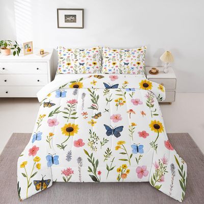 Manfei Wild Plants Comforter Set Full Size, Colorful Flower Butterfly Quilt Set with 2 Pillowcases, Botanical Floral Bedding Set 3pcs for Kids Girls Bedroom Decor Lightweight Duvet Insert