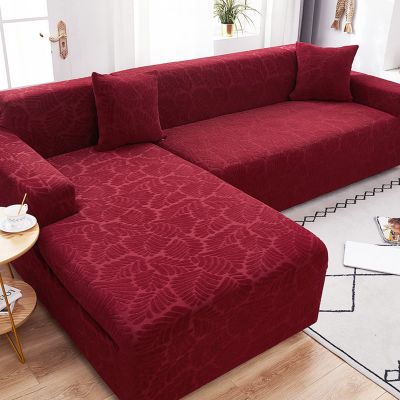 QQXX Sectional L Shape Sofa Couch Covers,Velvet Jacquard Stretch Sofa Slipcovers with Straps Bottom,Washable Durable Furniture Protector for Kids Pet Cat 1 2 3 4 Seater(2 Seater:57-73", Claret)