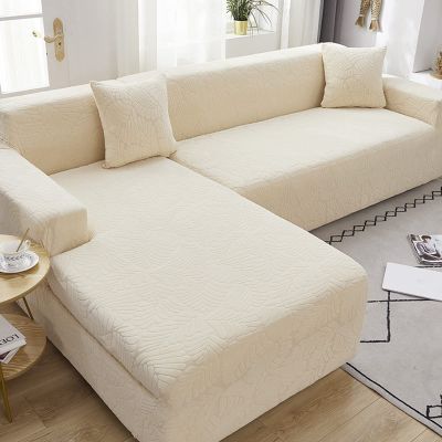 QQXX Sectional L Shape Sofa Couch Covers,Velvet Jacquard Stretch Sofa Slipcovers with Straps Bottom,Washable Durable Furniture Protector for Kids Pet Cat 1 2 3 4 Seater(L-Shape:4 +4 Seater, Beige)