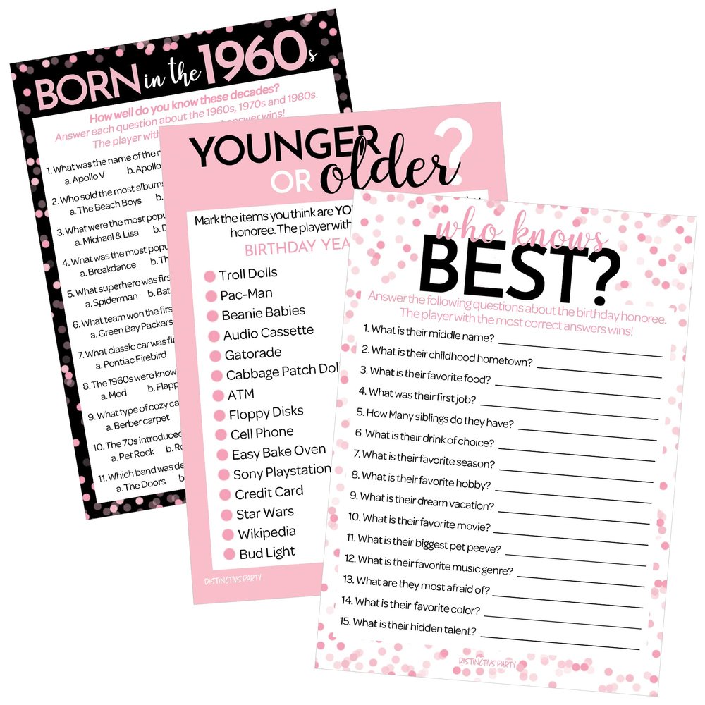DISTINCTIVS Pink and Black 60th Birthday Game Bundle - Set of 3 Birthday Party Games for 20 Guests, Born in The 1960s Theme