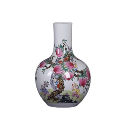 Ceramic Vase Pastel Depicting Gold Nine Sons Climbing Peach Large Sky Ball Vase Home Decoration Vase (Color : Vase, Size : Jiuzi Pantao)
