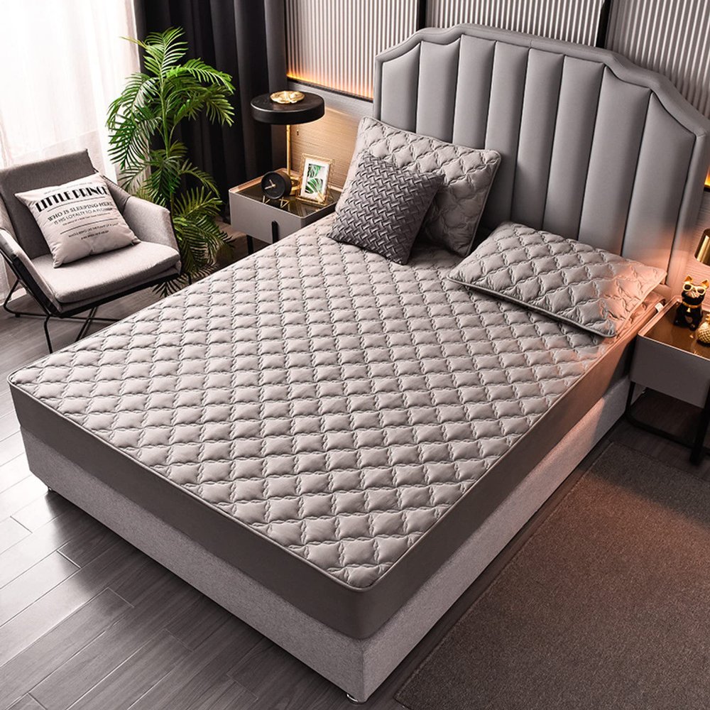 FCLDESHOP Easy Care Fitted Sheet,Thick Cotton Quilted Fitted Bed Sheets,Solid Color Non-Slip Comfortable Mattress Topper Available in All Seasons,Dark Grey,200x200cm