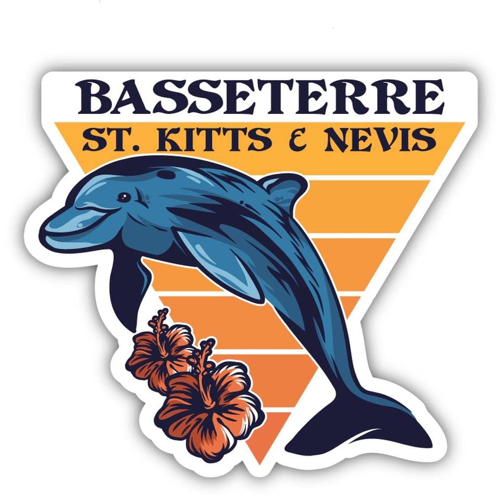 Basseterre St. Kitts & Nevis Beach Souvenir Vinyl Decal Sticker Dolphin Design 2 Inch