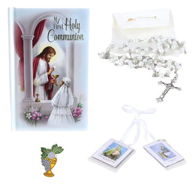 Needzo First Communion Set for Girls, White Rosary, Scapular, Lapel Pin, and Book Included, Catholic Keepsake Gifts