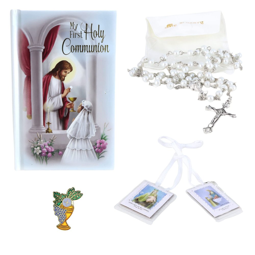 Needzo First Communion Set for Girls, White Rosary, Scapular, Lapel Pin, and Book Included, Catholic Keepsake Gifts