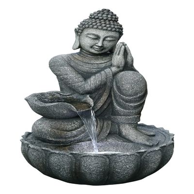 Hi-Line Gift Ltd. 32" H Sitting Buddha Fountain with White LED, Gray, Large