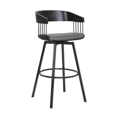 Armen Living Athena 27" Seat Height Mid Century Modern Swivel Black Wood Bar Stool for Kitchen Island Counter in Gray Faux Leather with Black Metal