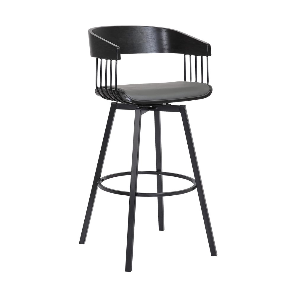 Armen Living Athena 27" Seat Height Mid Century Modern Swivel Black Wood Bar Stool for Kitchen Island Counter in Gray Faux Leather with Black Metal