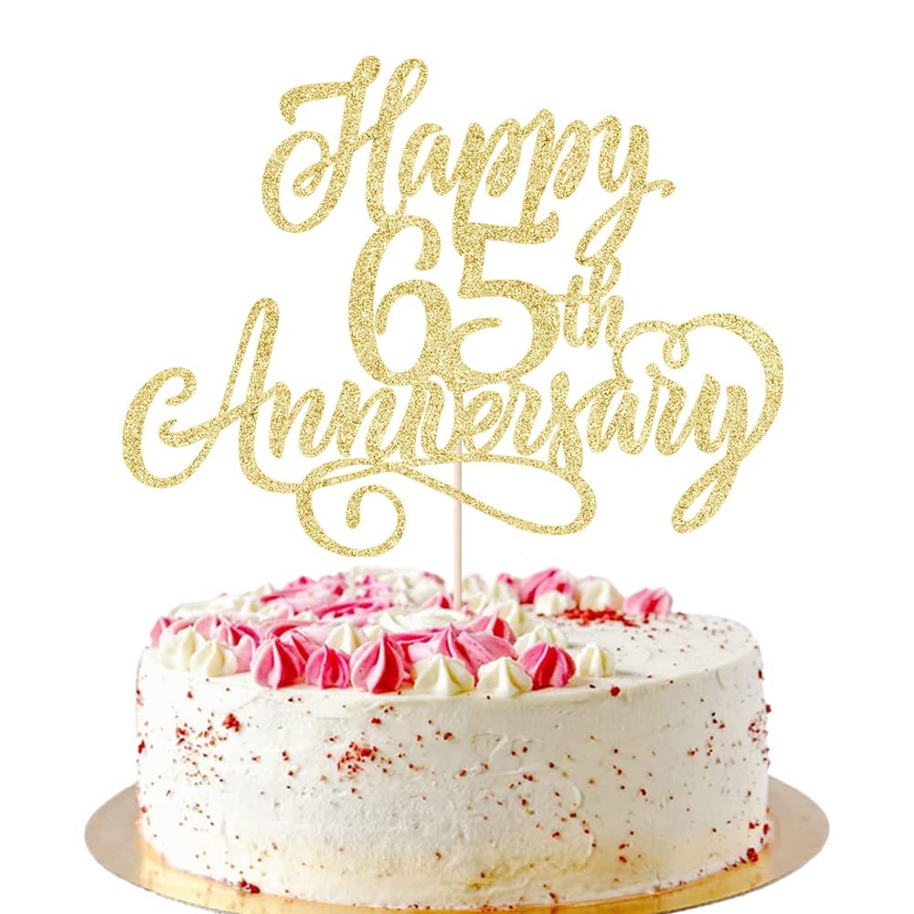 AROKIPPRY golden Glitter Happy 65th Anniversary Cake Topper - Company Anniversary Party / 65th Birthday Party Decorations