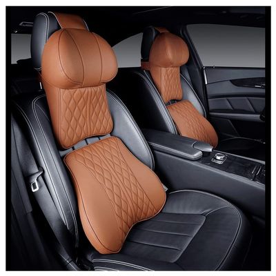 HARMOX X Luxury Car Neck Pillow Set Leather Embroidered Waist Backrest Lumbar Support Cushion Auto Seat Travel Headrest Pillow for Memory X (Color : Coffee)