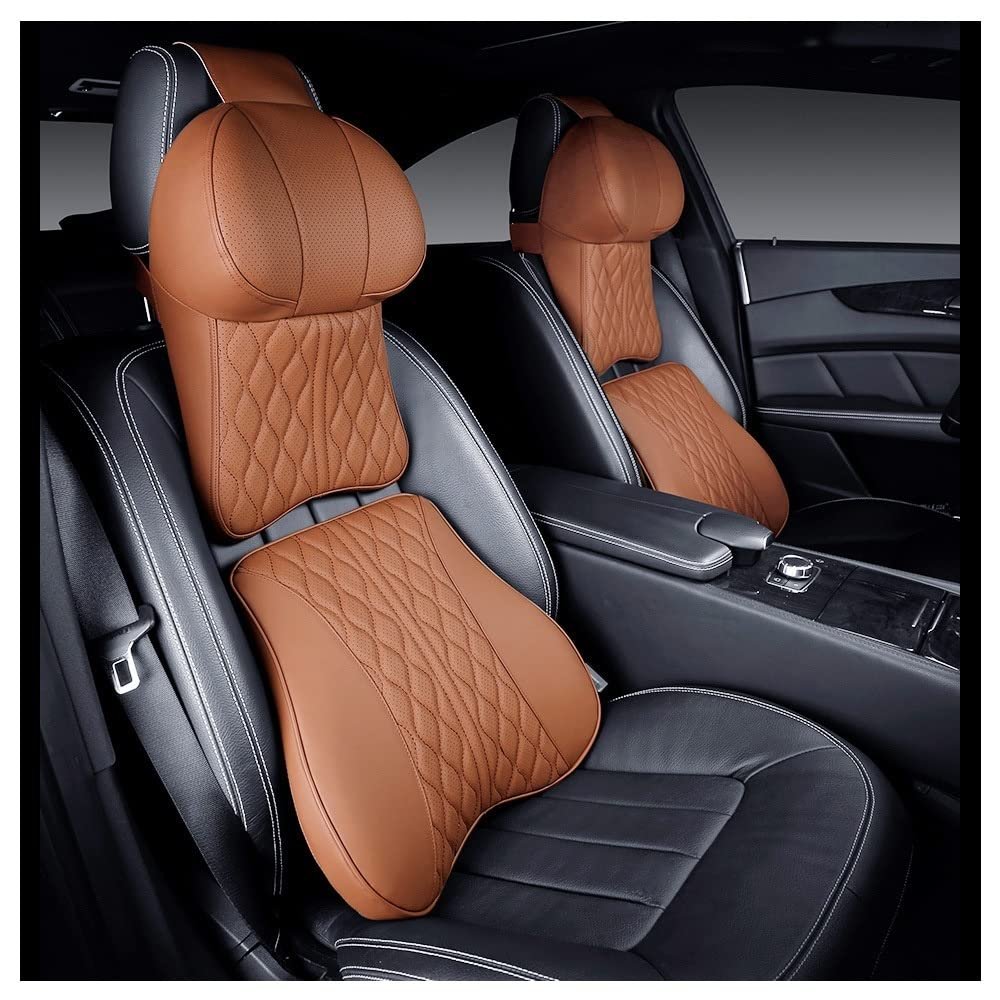 HARMOX X Luxury Car Neck Pillow Set Leather Embroidered Waist Backrest Lumbar Support Cushion Auto Seat Travel Headrest Pillow for Memory X (Color : Coffee)
