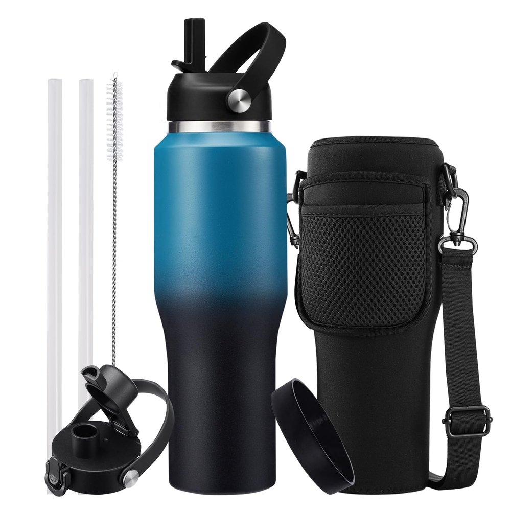 32oz Insulated Water Bottle with Straw - Spout Lid, Protective Boot, Vacuum Stainless Steel Bottles Leak-Proof, Thermo Mug Flask Fit in Car Bike Cup Holder Father's Day Gift