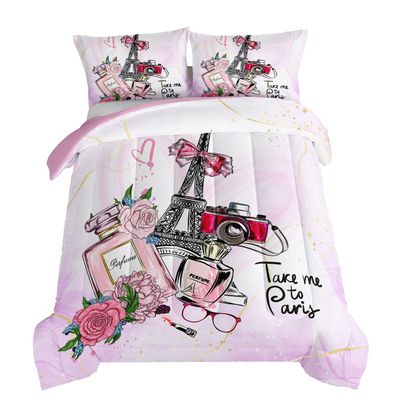 HOSIMA Pink Paris Bedroom Comforter Set, French Eiffel Tower Bedding Sets, Romantic Paris Decor for Bedroom, Fluffy Comforter 3 Pcs Twin Size