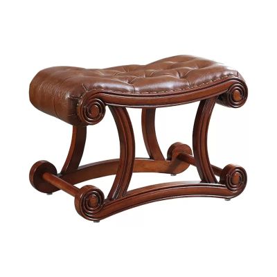 SOVORM Vintage Leather Upholstered Foot Stool,Carved Rubber Wooden Footrest Sofa Stool Shoe Bench for Living Room,Brown