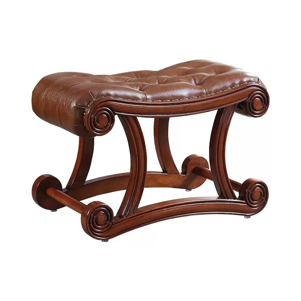 SOVORM Vintage Leather Upholstered Foot Stool,Carved Rubber Wooden Footrest Sofa Stool Shoe Bench for Living Room,Brown