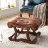 SOVORM Vintage Leather Upholstered Foot Stool,Carved Rubber Wooden Footrest Sofa Stool Shoe Bench for Living Room,Brown view 2
