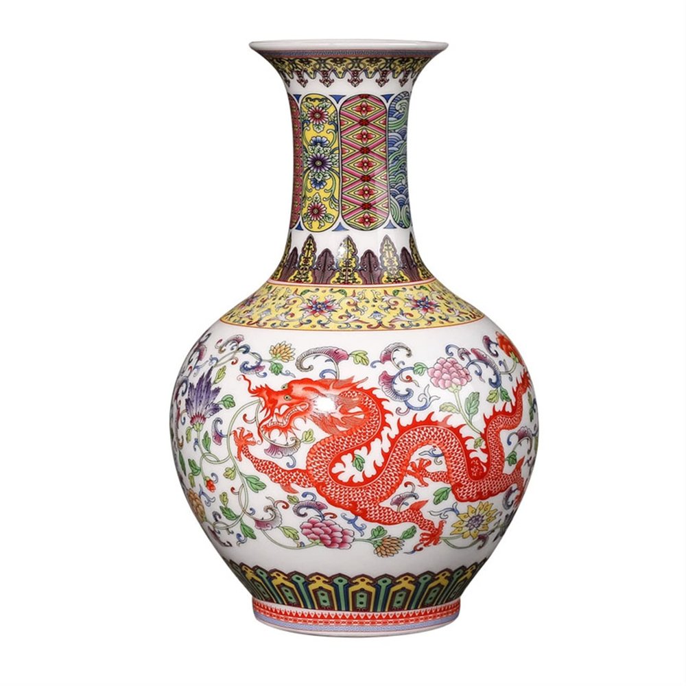 DYPASA Vase Ceramic Vase Chinese Retro Enamel Painted Porcelain Vases 9.4 Inch Large Decor Desktop Flower Vase Home Living Room Decoration Ornament Flower Vase