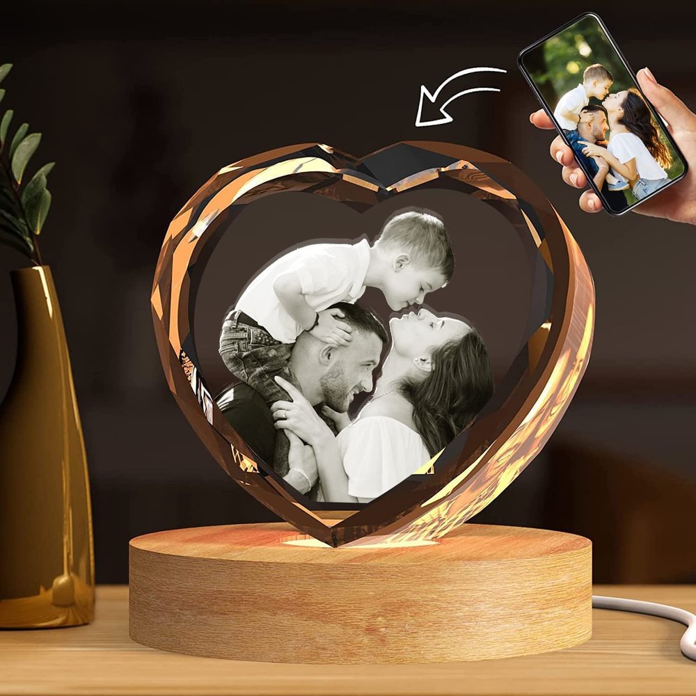 3D Crystal Photo Personalized with Light Base Custom Photo Crystal with Your Own Photo for Mom Dad Men Women Family Picture Crystal Gifts for Birthday Mother's Father's Day Anniversary (Heart)