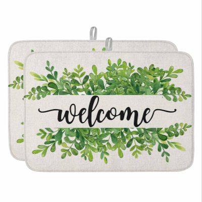 Summer Botanical Dish Drying Mat for Kitchen Counter, Welcome Green Leaf Rustic Burlap Absorbent Reversible Dish Drainer Rack Mats for Coffee Bar Mats 16''x18'' 2 PCS