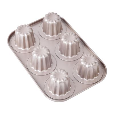 Bakeley 6 Canele Mold Cake Pan Non-Stick Canele Muffin Bakeware Cupcake Pan for Oven Baking (Champagne Gold)