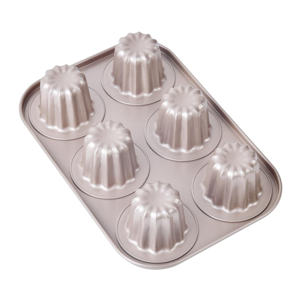 Bakeley 6 Canele Mold Cake Pan Non-Stick Canele Muffin Bakeware Cupcake Pan for Oven Baking (Champagne Gold)