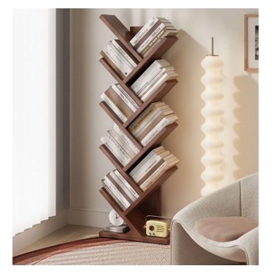 KIRANDY Solid Wood Bookcase Tree-Shaped Bookshelf, Student Floor-to-Ceiling Multi-Layer Shelf for Living Room Bedroom (Color : Walnut Color 9layer 44x20x126cm)