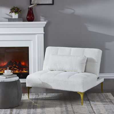 Convertible Sectional Sofa Bed Single Sofa Couch with Pillow, Teddy Fabric and Metal Legs, Upholstered Sofa Bed for Living Room, Bedroom, Small Space (White)