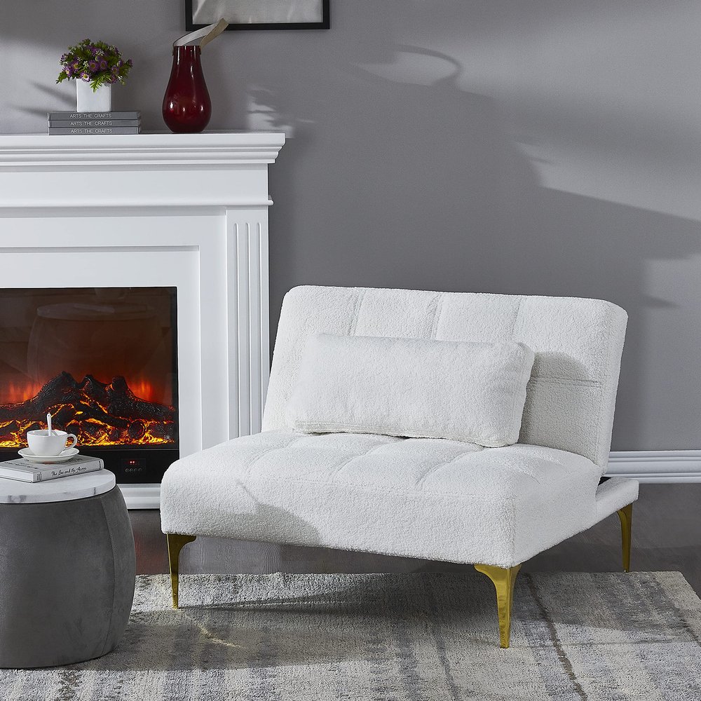 Convertible Sectional Sofa Bed Single Sofa Couch with Pillow, Teddy Fabric and Metal Legs, Upholstered Sofa Bed for Living Room, Bedroom, Small Space (White)