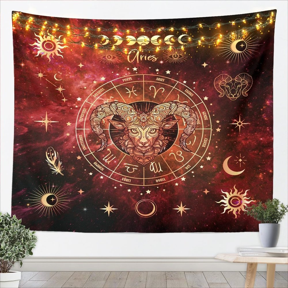 Aries Kids Tapestry,Sun Moon Starry Sky Galaxy Trippy Wall Tapestries,Girls Boys Adults Room Decor,12 Constellations Astrology Zodiac Wall Hanging,Red Chic Home Wall Decor,Medium 59.1 x 59.1 Inches