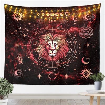 Leo Kids Tapestry,12 Constellations Astrology Zodiac Trippy Wall Tapestries,Girls Boys Adults Room Decor,Sun Moon Starry Sky Galaxy Wall Hanging,Red Bright Home Wall Decor,XLarge 70.9 x 92.5 Inches