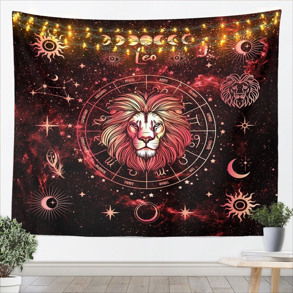 Leo Kids Tapestry,12 Constellations Astrology Zodiac Trippy Wall Tapestries,Girls Boys Adults Room Decor,Sun Moon Starry Sky Galaxy Wall Hanging,Red Bright Home Wall Decor,XLarge 70.9 x 92.5 Inches
