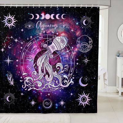 Aquarius Kids Shower Curtains,12 Constellations Astrology Zodiac Bathroom Curtains for Girls Boys Adults,Sun Moon Starry Sky Galaxy Purple Trippy Waterproof Curtains,12 Hooks Suits,72" W x 78" L