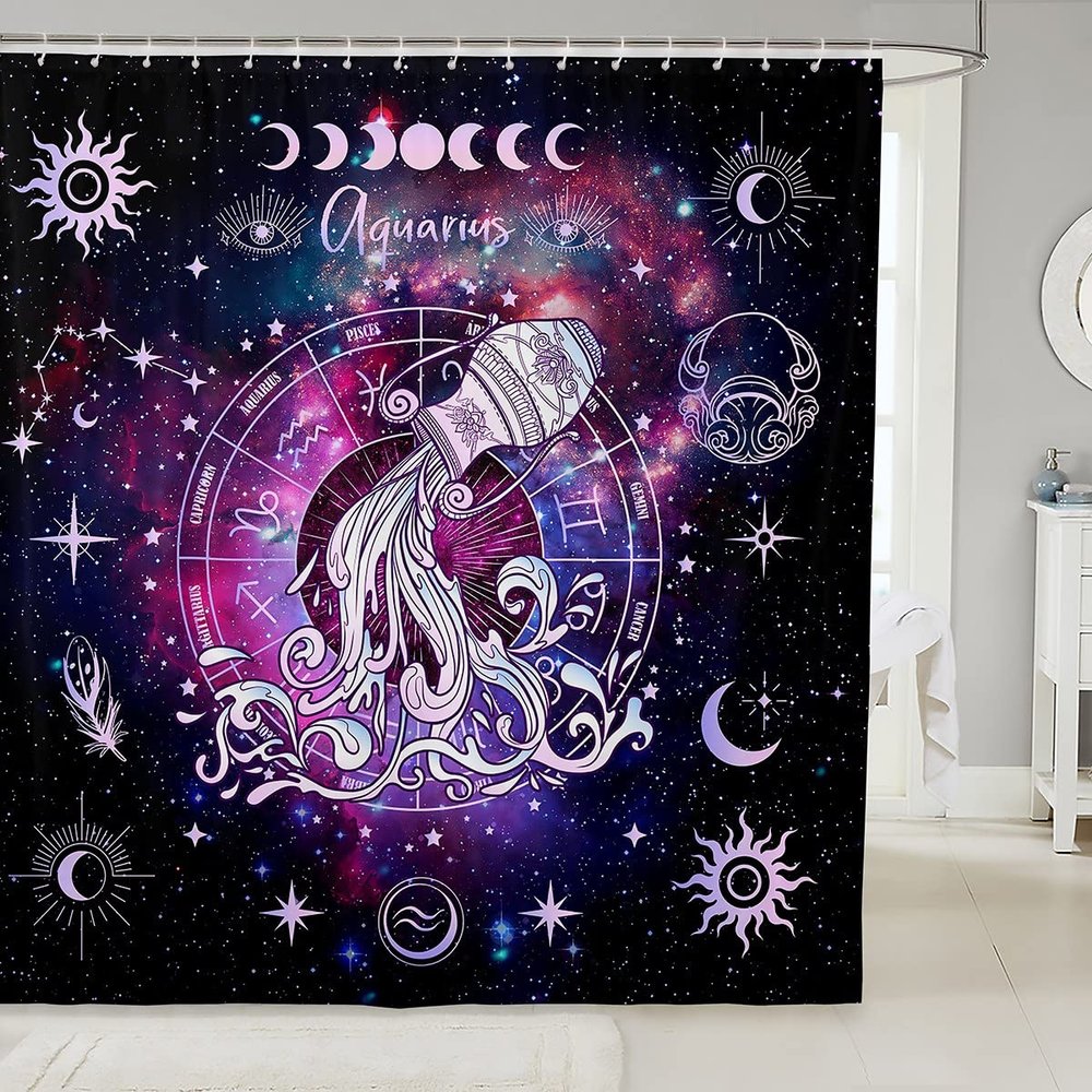 Aquarius Kids Shower Curtains,12 Constellations Astrology Zodiac Bathroom Curtains for Girls Boys Adults,Sun Moon Starry Sky Galaxy Purple Trippy Waterproof Curtains,12 Hooks Suits,72" W x 78" L