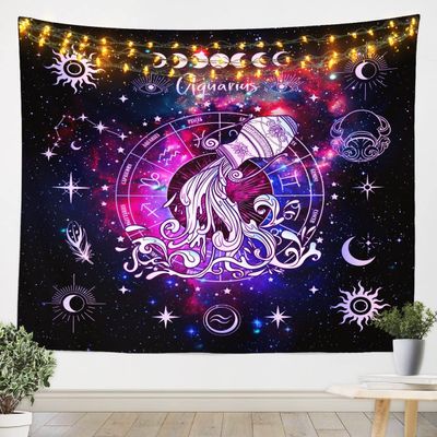 Aquarius Kids Tapestry,12 Constellations Astrology Zodiac Wall Tapestries,Girls Boys Adults Room Decor,Sun Moon Starry Sky Galaxy Wall Hanging,Purple Trippy Home Wall Decor,Medium 59.1 x 59.1 Inches