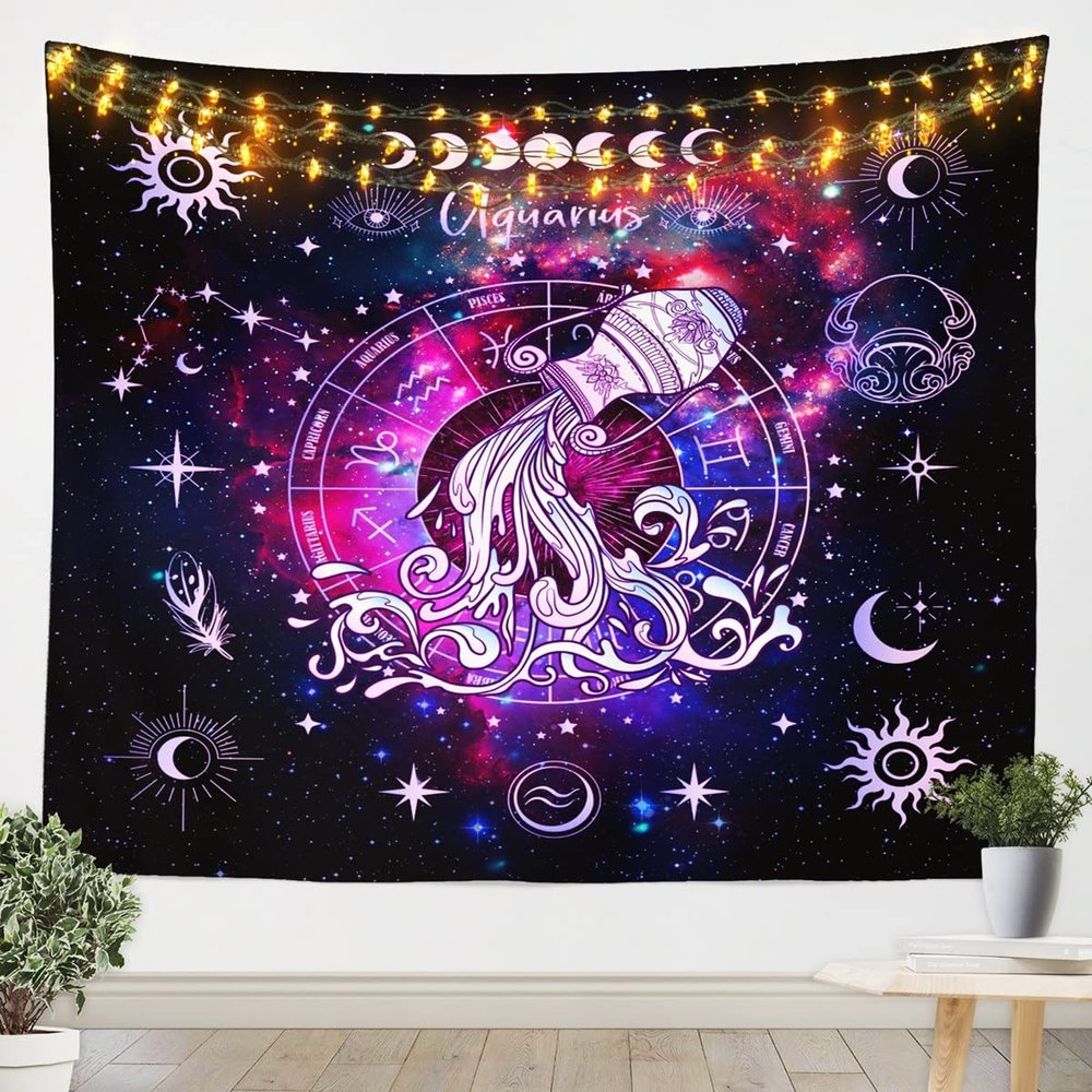 Aquarius Kids Tapestry,12 Constellations Astrology Zodiac Wall Tapestries,Girls Boys Adults Room Decor,Sun Moon Starry Sky Galaxy Wall Hanging,Purple Trippy Home Wall Decor,Medium 59.1 x 59.1 Inches