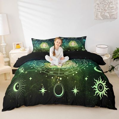 Virgo Kids Duvet Cover Set Twin Size,12 Constellations Astrology Zodiac Trippy Bedding Set,Girls Boys Adults Room Decor,Sun Moon Starry Sky Galaxy Comforter Cover,Green Chic Quilt Cover,1 Pillowcase