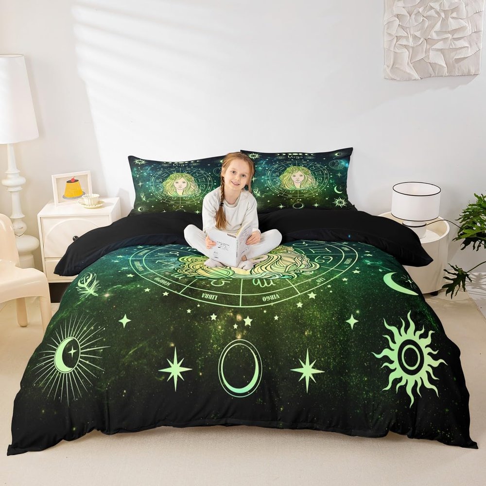 Virgo Kids Duvet Cover Set Twin Size,12 Constellations Astrology Zodiac Trippy Bedding Set,Girls Boys Adults Room Decor,Sun Moon Starry Sky Galaxy Comforter Cover,Green Chic Quilt Cover,1 Pillowcase