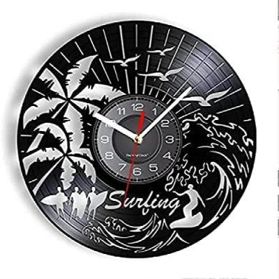Modern Roman Numerals Wall Clocks Silent Non-Ticking 12In Surfing Wall Clock Beach Surf Big Wave Wall Decor Vinyl Record Wall Clock Surfing Lovers Living Room Vintage Clock Surfers Gift