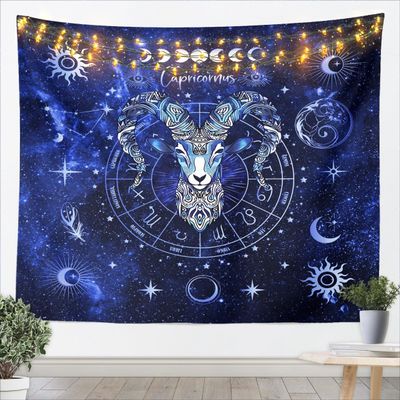Capricornus Kids Tapestry,12 Constellations Astrology Zodiac Wall Tapestries,Girls Boys Adults Room Decor,Sun Moon Starry Galaxy Wall Hanging,Blue Romantic Home Wall Decor,Small 51.2 x 59.1 Inches