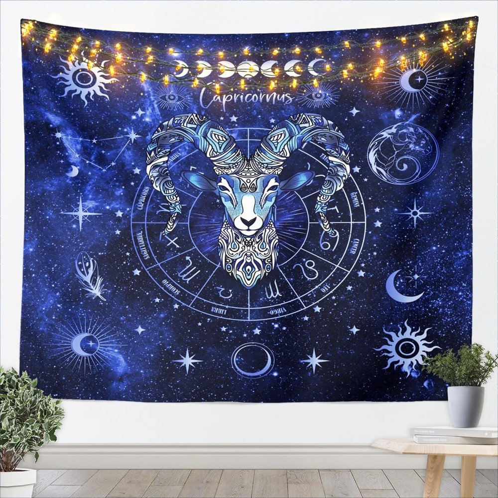 Capricornus Kids Tapestry,12 Constellations Astrology Zodiac Wall Tapestries,Girls Boys Adults Room Decor,Sun Moon Starry Galaxy Wall Hanging,Blue Romantic Home Wall Decor,Small 51.2 x 59.1 Inches