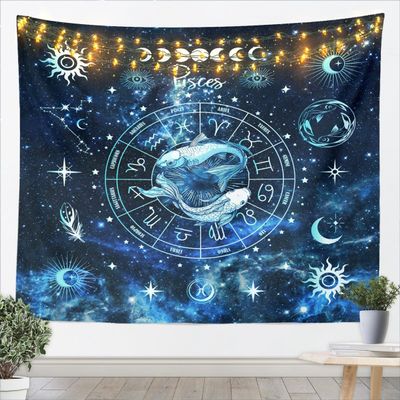 Pisces Kids Tapestry,Sun Moon Starry Sky Galaxy Wall Tapestries,Girls Boys Adults Room Decor,12 Constellations Astrology Zodiac Wall Hanging,Blue Romantic Home Wall Decor,Large 59.1 x 82.7 Inches