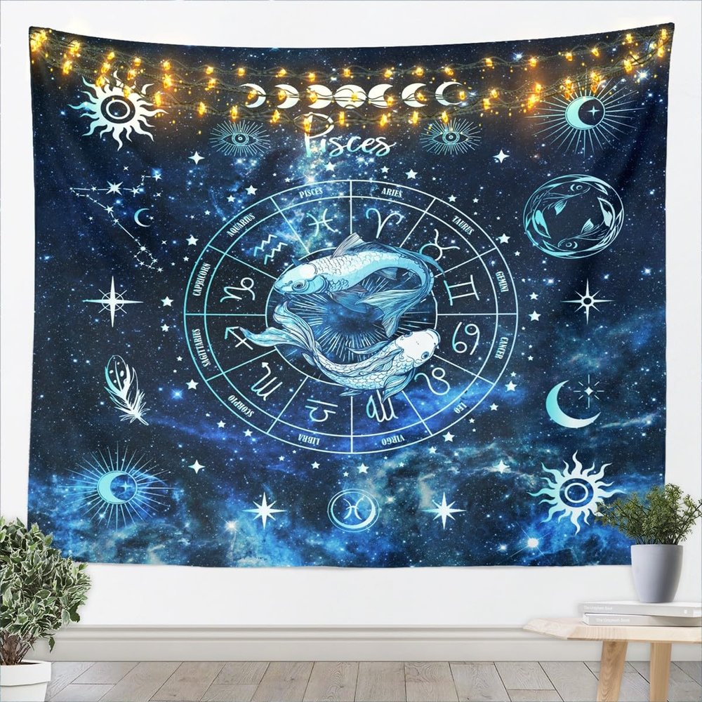 Pisces Kids Tapestry,Sun Moon Starry Sky Galaxy Wall Tapestries,Girls Boys Adults Room Decor,12 Constellations Astrology Zodiac Wall Hanging,Blue Romantic Home Wall Decor,Large 59.1 x 82.7 Inches