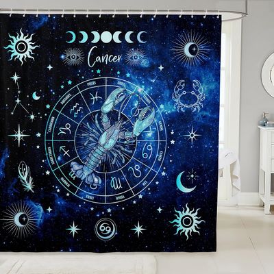 Cancer Kids Shower Curtains,12 Constellations Astrology Zodiac Bathroom Curtains for Girls Boys Adults,Sun Moon Starry Sky Galaxy Trippy Blue Waterproof Curtains,12 Hooks Suits,72" W x 78" L